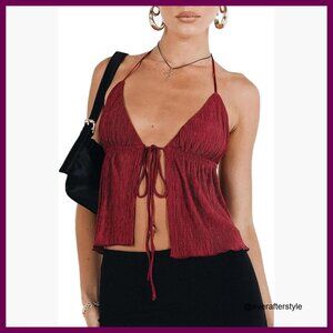 Polyester Backless Crop Top Halter Deep V Neck Spaghetti Strap Cami